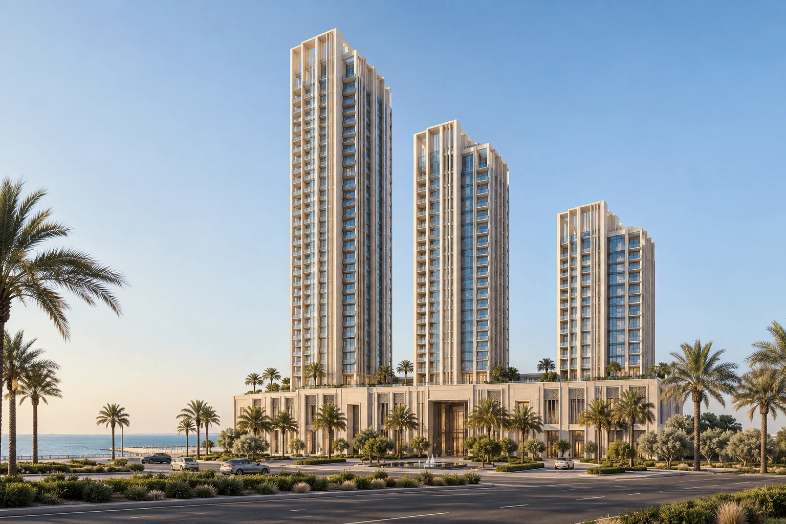 Architectural concept of three modern towers, descending in height from left to right